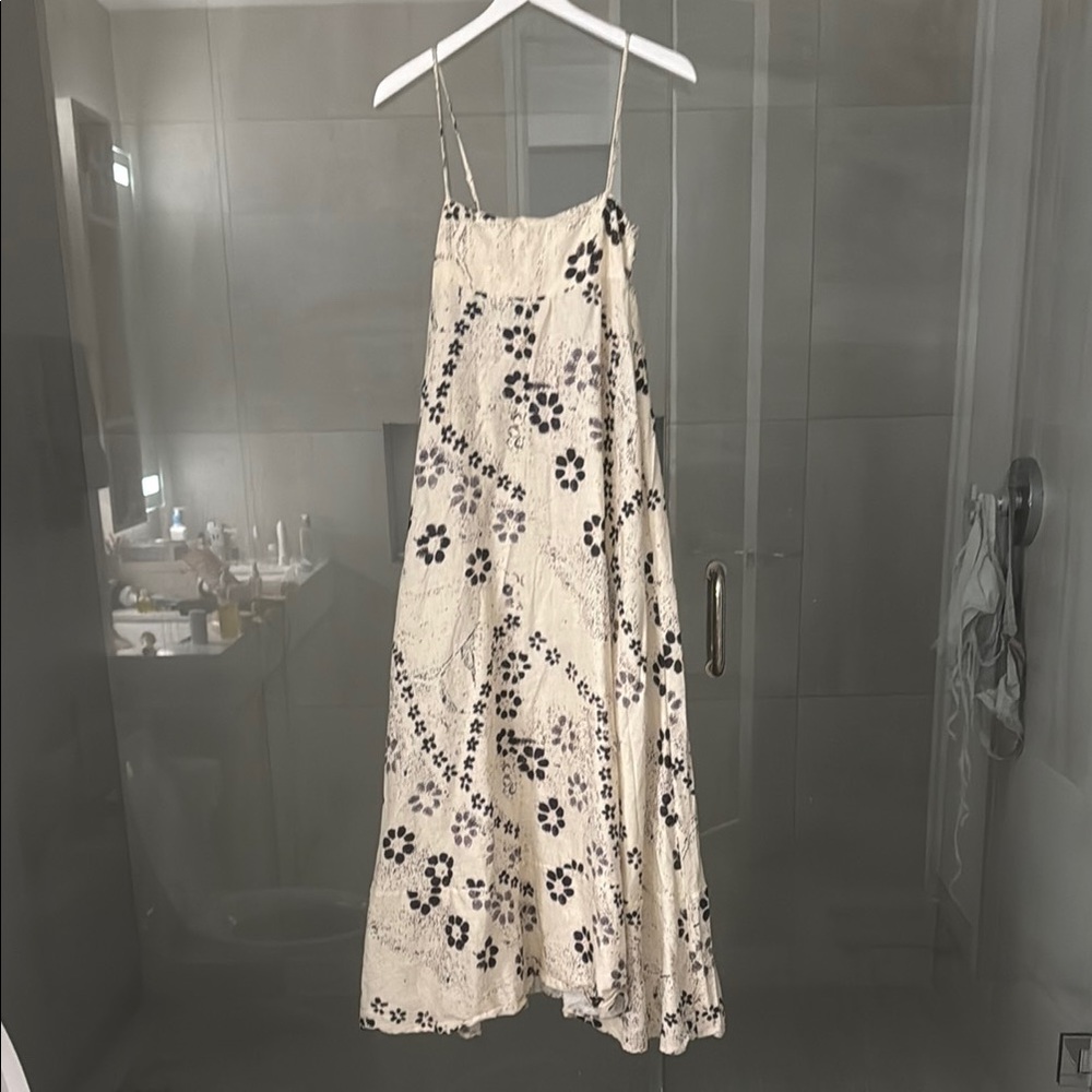 Spaghetti-Strap Cream Midi Dress with Black Floral Print